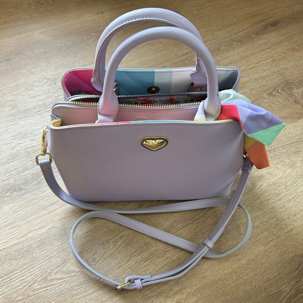 Betsey Johnson Lavender Heart Satchel Crossbody Bag with Scarf Accent - Picture 2 of 13